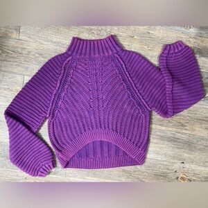 Free People Sweatheart Cable Knit Mock Neck Sweater Balloon Sleeves Hi Lo Size S